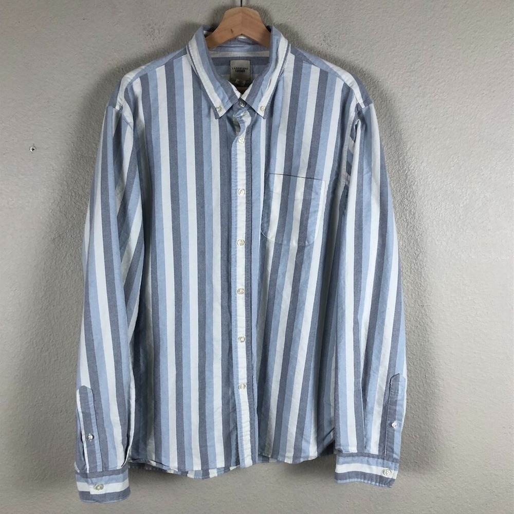 Lands End Shirt Men X Large Blue Cotton Canvas Striped Pocket Collared Button Up
